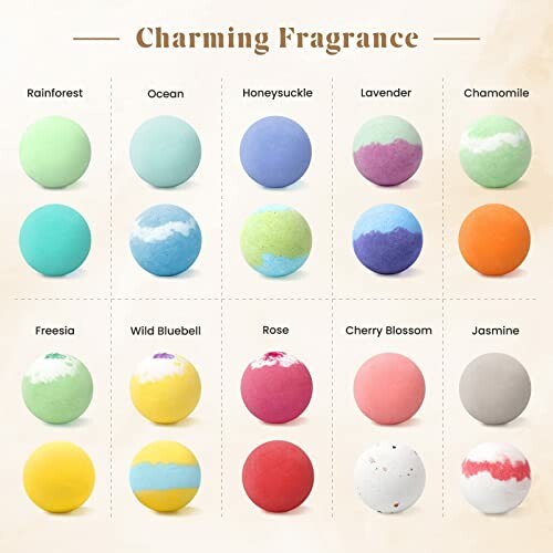 A grid of colorful bath bombs with various fragrances including rainforest, ocean, honeysuckle, lavender, chamomile, freesia, wild bluebell, rose, cherry blossom, and jasmine.