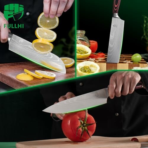 Various chef knives cutting lemon, tomato, and other ingredients.