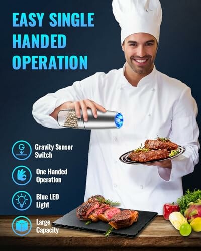 Chef using electric pepper grinder over steak