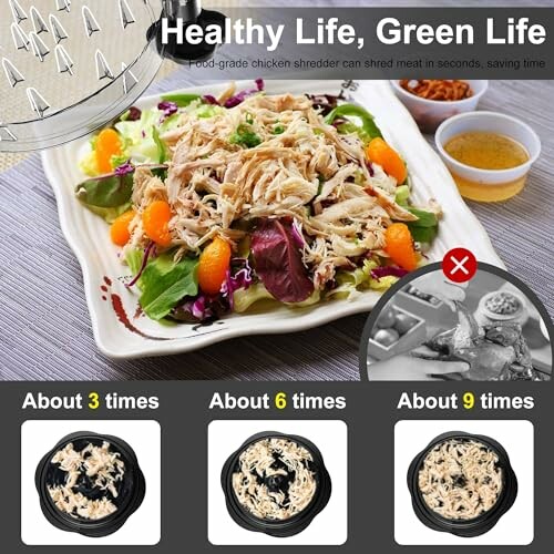 Salad with shredded chicken and food-grade shredder tool usage.