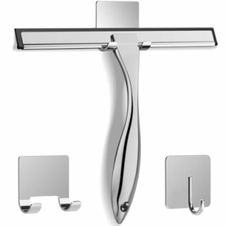 Chrome shower squeegee with two wall hooks.