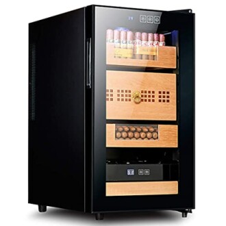 Black cigar humidor cabinet with wooden drawers and digital display.