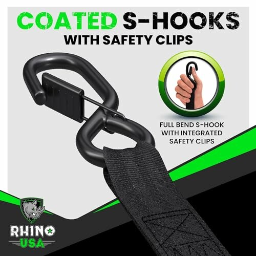 Coated S-hooks with safety clips, featuring full bend design and integrated safety clips from Rhino USA.