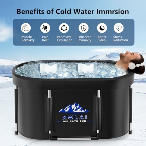 Person in an ice bath with benefits of cold water immersion listed.
