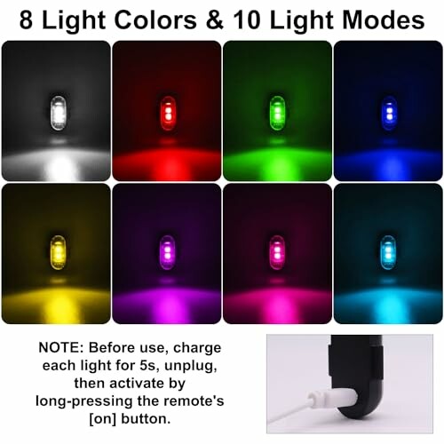 Eight light colors and ten modes with charging instructions.
