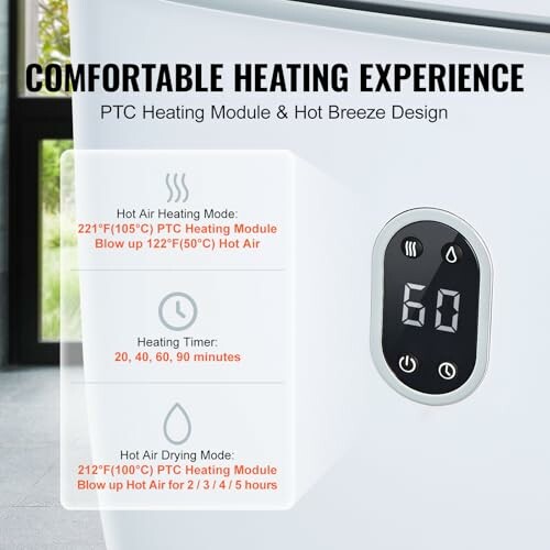 Heating device with temperature and timer settings.