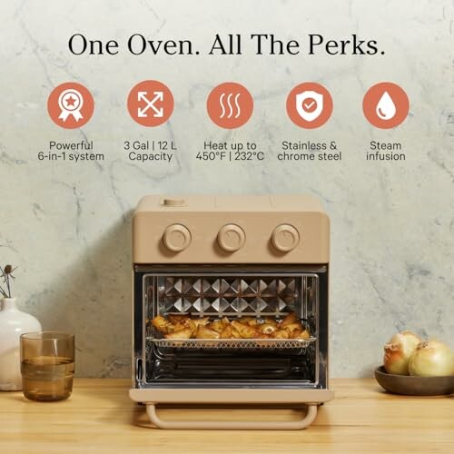 Compact multi-function oven with features highlighted: 6-in-1 system, 12L capacity, heats up to 450°F, stainless steel, steam infusion.