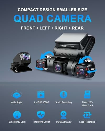 Compact quad camera system with front, left, right, rear coverage
