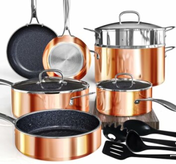Copper cookware set with pots, pans, and utensils.