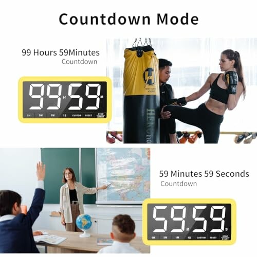 Digital timer displaying countdown modes with exercise and classroom scenes.