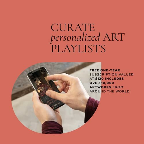 Hands holding phone with art playlist promoting free one-year subscription.