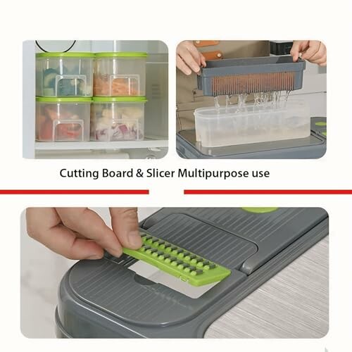 Multipurpose cutting board and slicer with storage containers.