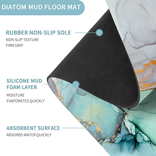 Diatom mud floor mat with rubber non-slip sole, silicone mud foam layer, and absorbent surface.