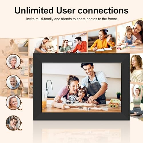 Digital photo frame displaying a family cooking together with multiple user connections.