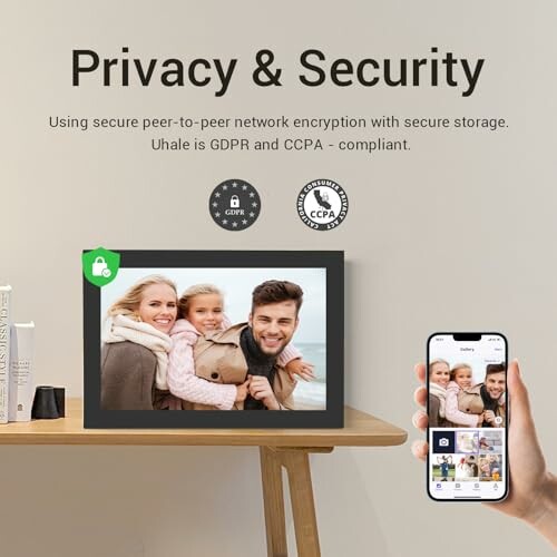 Digital photo frame displaying family photo, emphasizing privacy and security compliance with GDPR and CCPA.