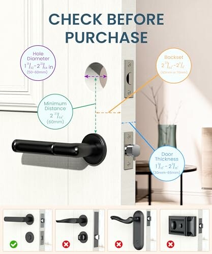 Guide for measuring door handle installation requirements, including hole diameter, backset, minimum distance, and door thickness.