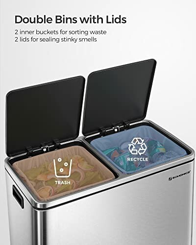 Double bins with lids for sorting trash and recycling.