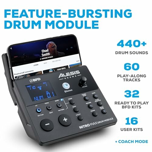 Alesis Nitro Max drum module with smartphone displaying lessons.