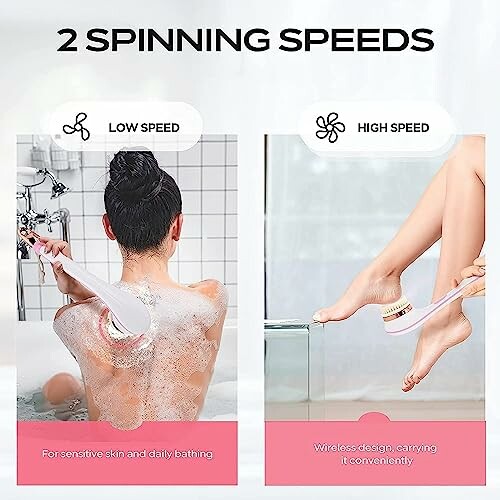 Woman using a dual-speed shower brush with low and high speed settings.
