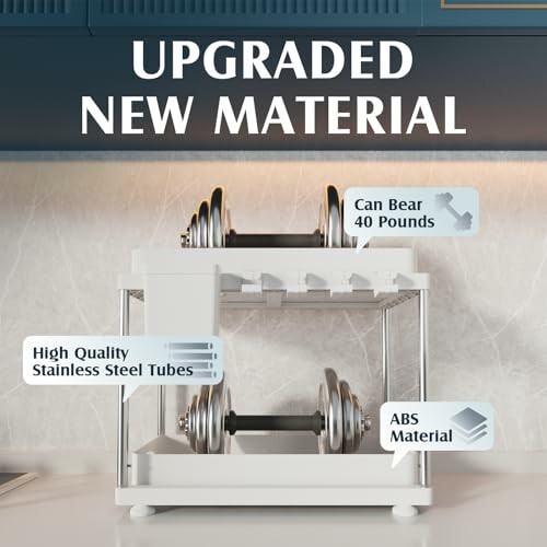 Dumbbell storage rack with upgraded materials and labeled features.