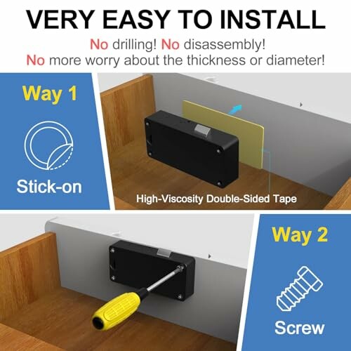 Illustration showing easy installation of a drawer lock with stick-on tape or screws.