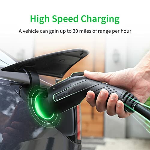 Hand plugging in electric car charger with high speed charging text.