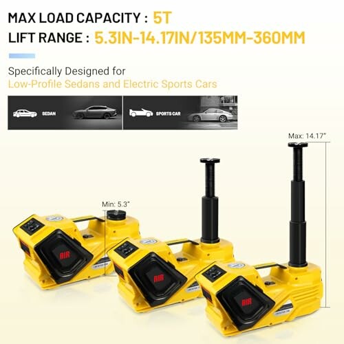 Electric car jack designed for low-profile sedans and sports cars with a 5-ton capacity and lift range of 135mm to 360mm.