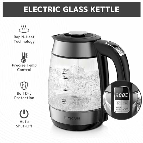 Electric glass kettle with rapid-heat technology and precise temp control.
