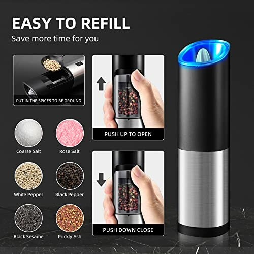 Electric pepper grinder with easy refill instructions and spice options.