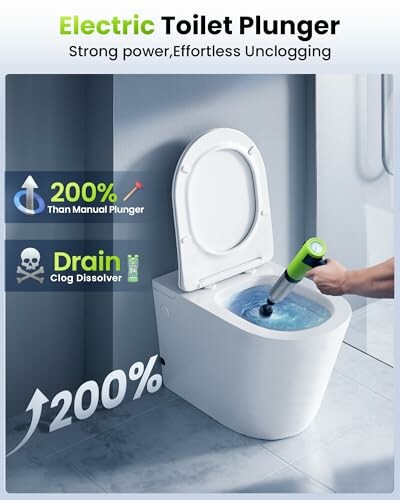 Electric toilet plunger demonstrating use in a toilet.