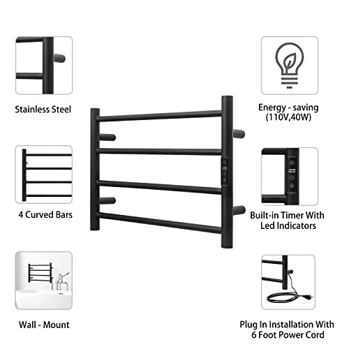 Black electric towel warmer with features like stainless steel, energy-saving, built-in timer, wall-mount, plug-in installation.