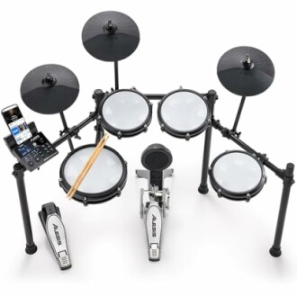 Electronic drum set with pads, cymbals, and pedals.