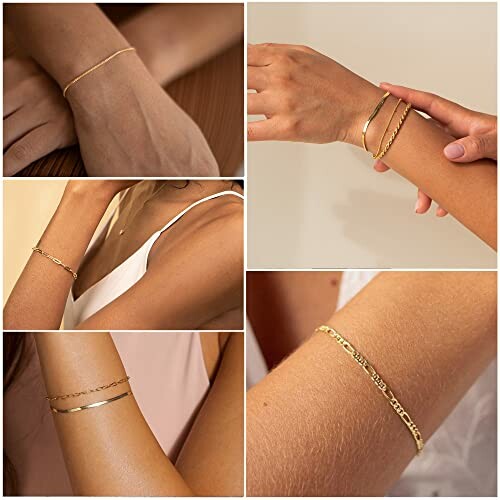 Collage of elegant gold bracelets on wrists.