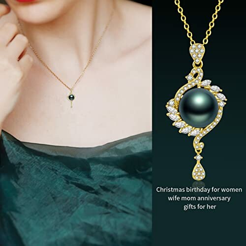 Woman wearing elegant gold and pearl necklace, gift for special occasions.