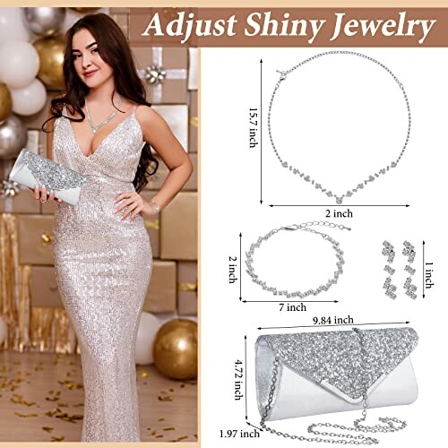 Woman in silver dress with matching jewelry set including necklace, bracelet, earrings, and clutch.