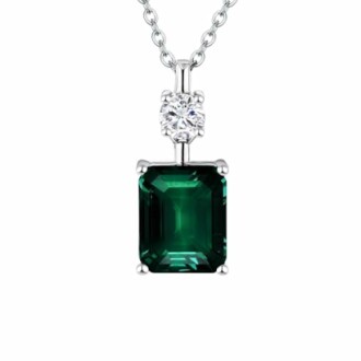 Emerald cut green gemstone and diamond pendant on silver chain