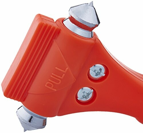 Orange emergency car hammer with seatbelt cutter.