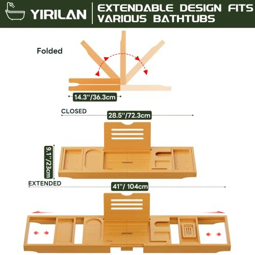 Extendable bathtub tray dimensions and features.