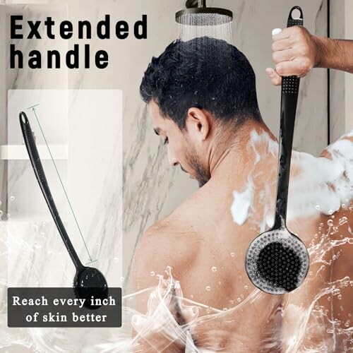 Man using extended handle back brush in shower