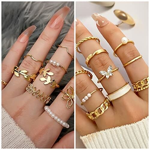 Two hands with multiple gold and pearl rings showcasing different designs.