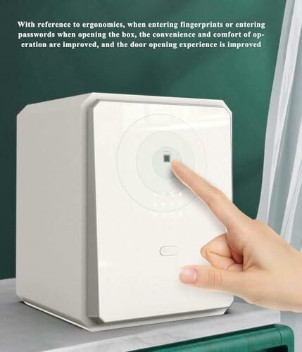 Hand touching fingerprint scanner on a white safe box.