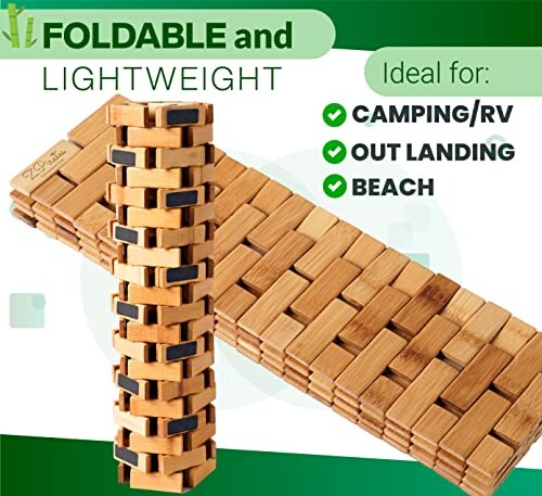 Foldable and lightweight bamboo mat ideal for camping, RV, out landing, and beach.