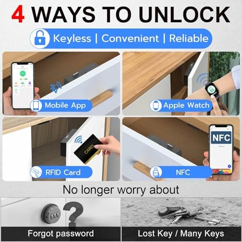 Four methods to unlock: mobile app, Apple Watch, RFID card, NFC. Features are keyless, convenient, reliable.