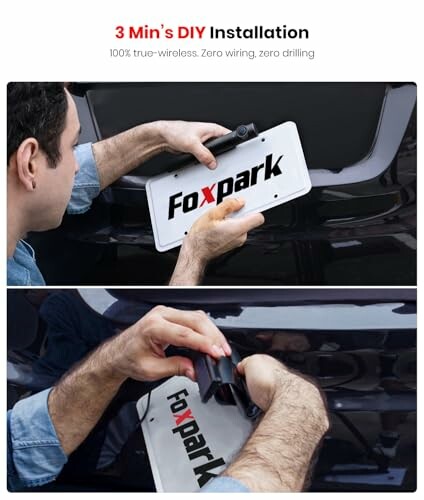 Man installing Foxpark wireless license plate.
