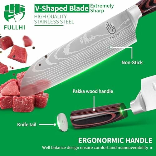 Fullhi knife with V-shaped blade, non-stick, pakka wood handle, ergonomic design.