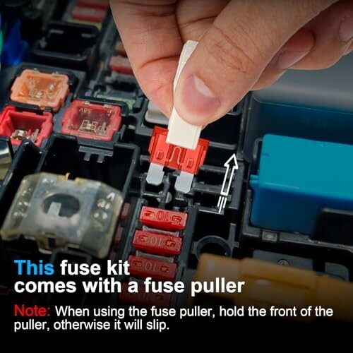Fuse kit with a hand using a fuse puller.