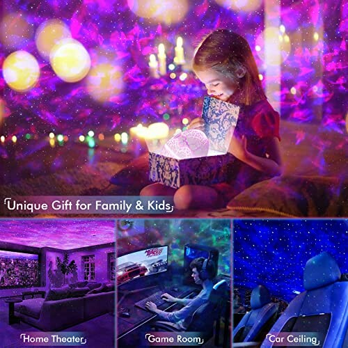 A child opening a glowing gift box under galaxy lights with scenes of a home theater, game room, and car ceiling.