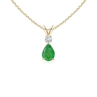 Gold chain necklace with a pear-shaped emerald and diamond pendant.