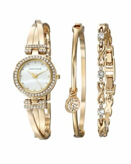 Gold watch and bracelet set with crystal accents