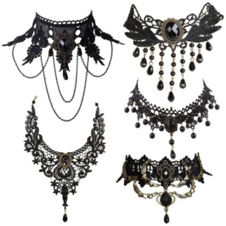 Collection of ornate black lace chokers with beads and pendants.